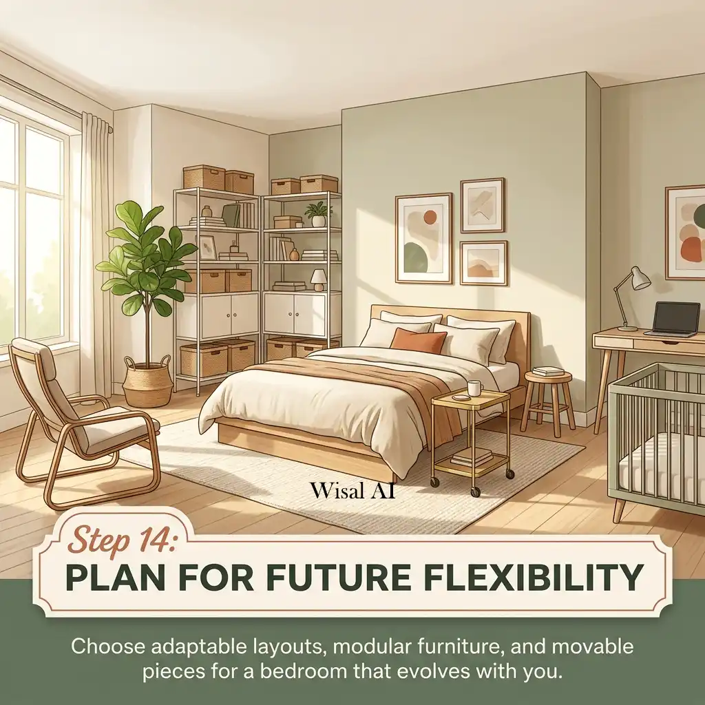 Flexible bedroom layout designed to adapt to future furniture changes.