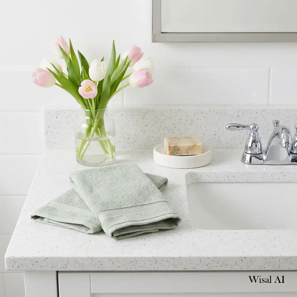 Beautiful bathroom countertop refreshed with seasonal décor and natural decorative accessories.