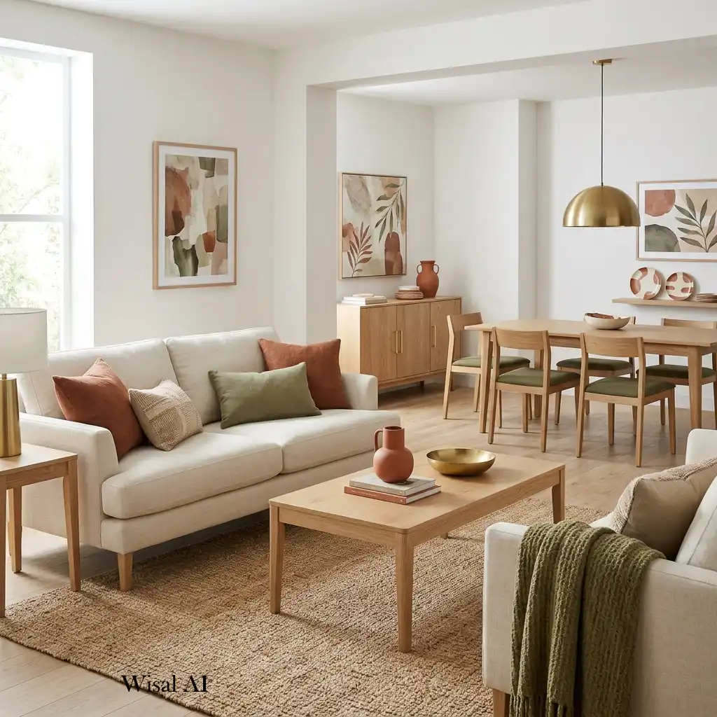 Designer living room with repeated wood tones and cohesive color accents.