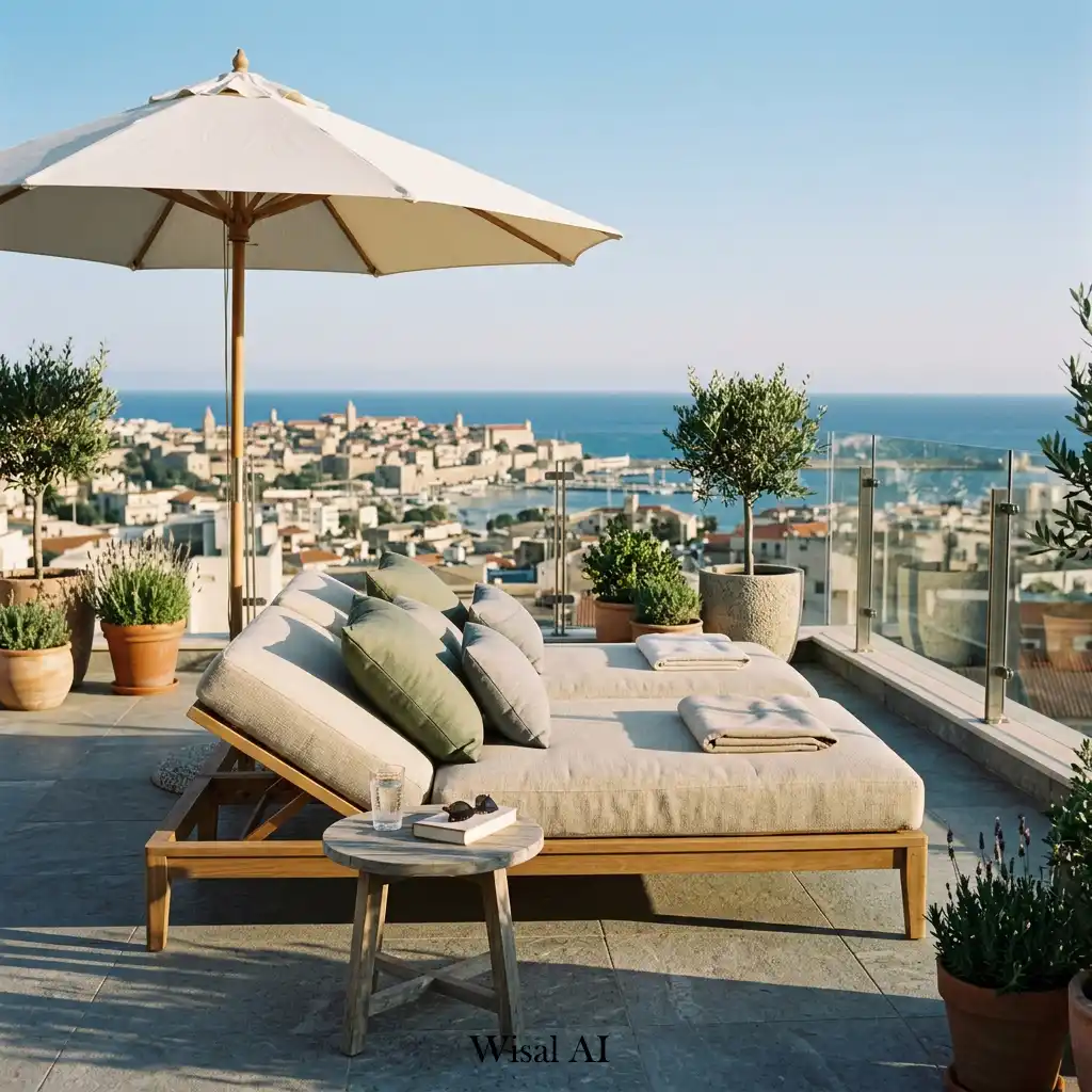 Luxury rooftop daybed positioned for relaxing under the open sky