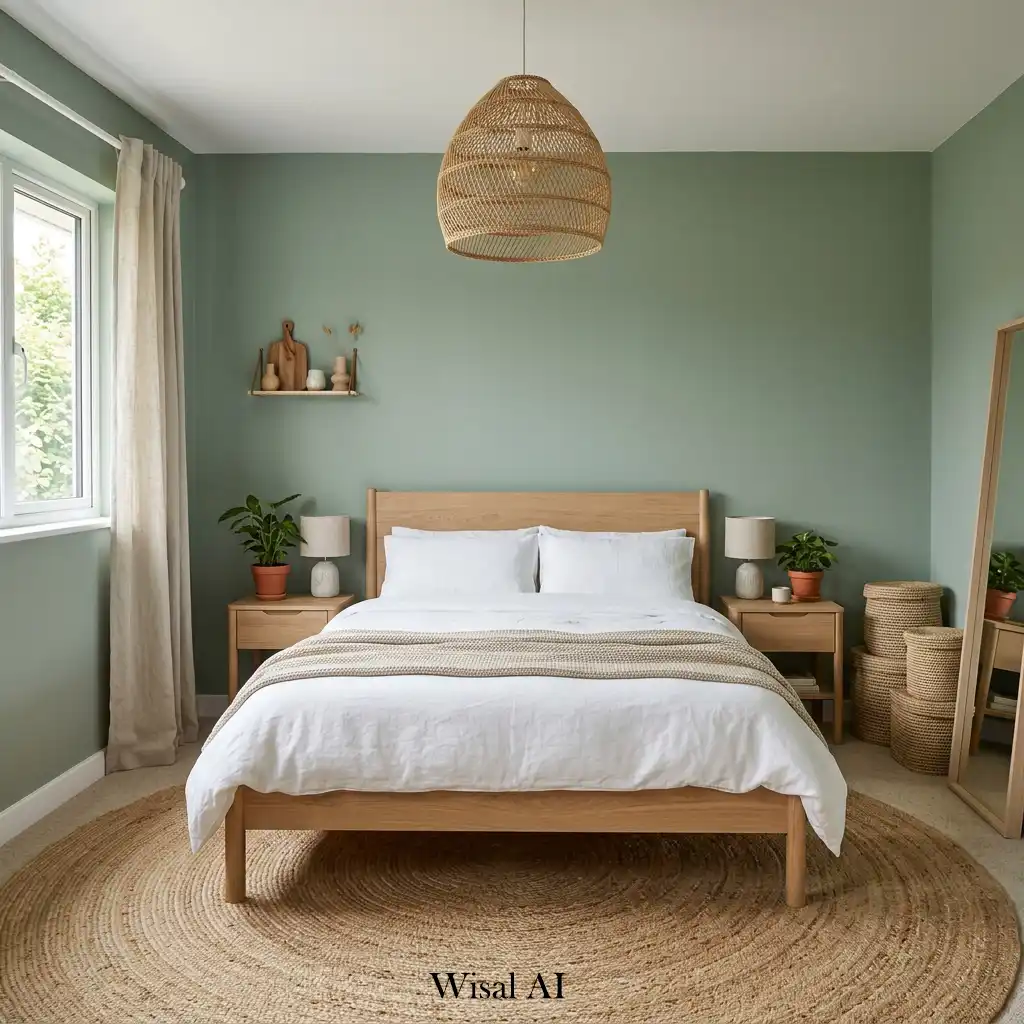 Sage green bedroom with white oak furniture and woven natural textures.