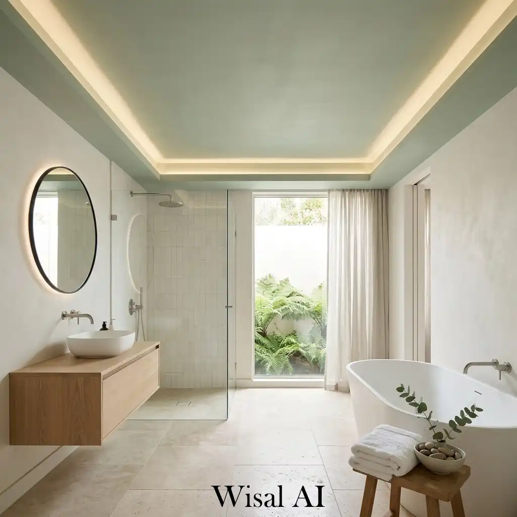 Soft sage green ceiling bathroom calming spa atmosphere