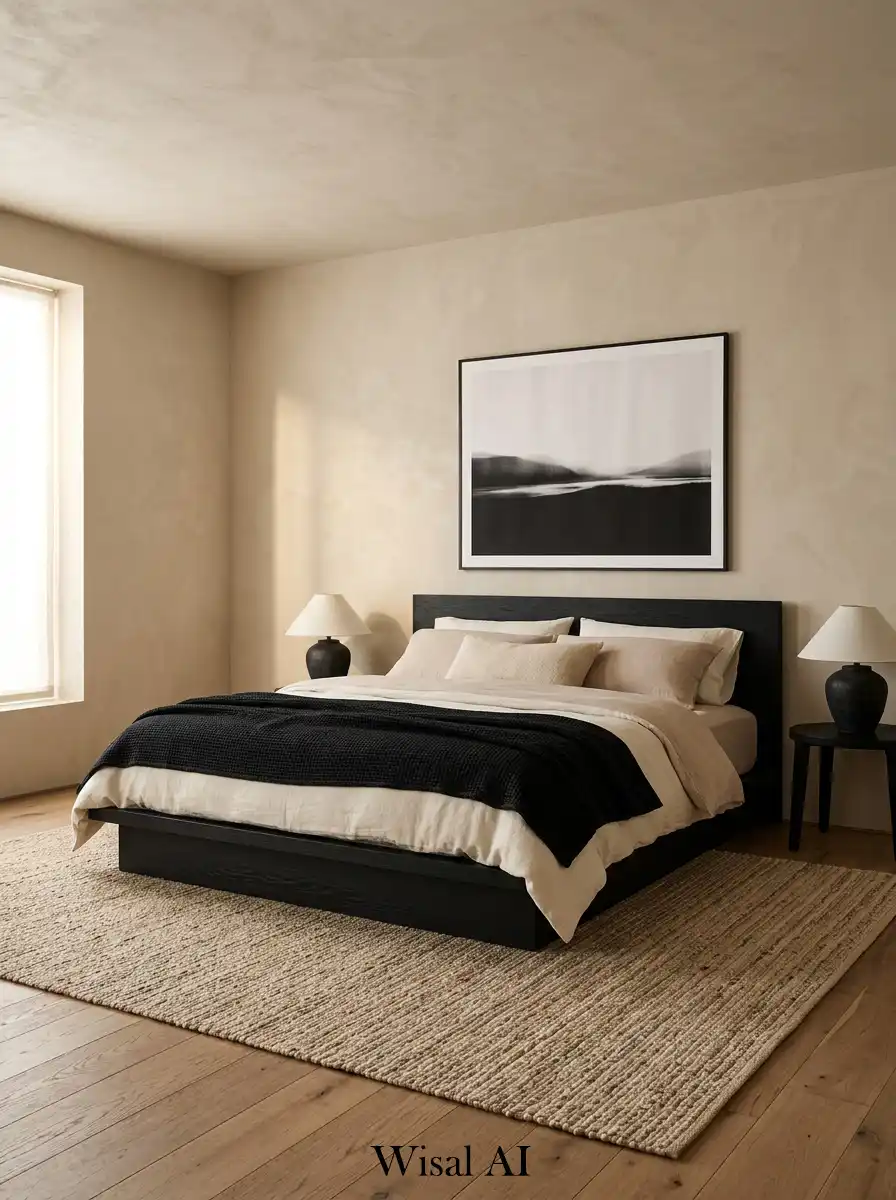 Earthy bedroom with sand beige palette and black elements for warm organic modern design.