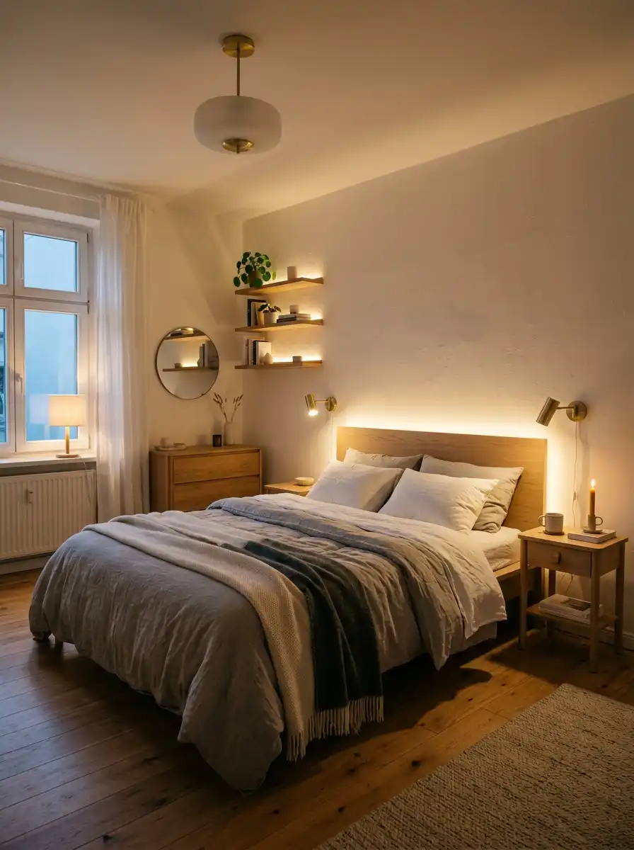 14. Scandinavian Bedroom with Soft Lighting Layers
