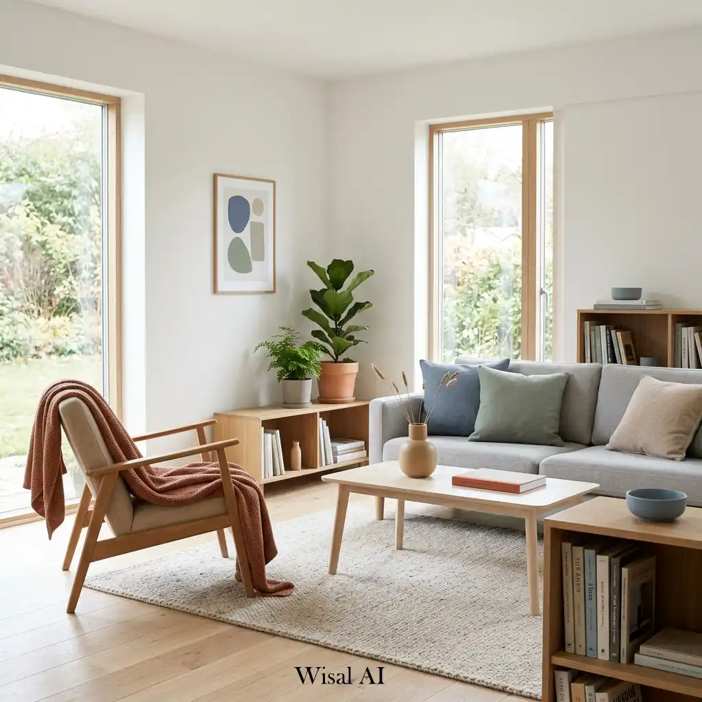 Neutral Scandinavian interior with soft muted color decorative accents