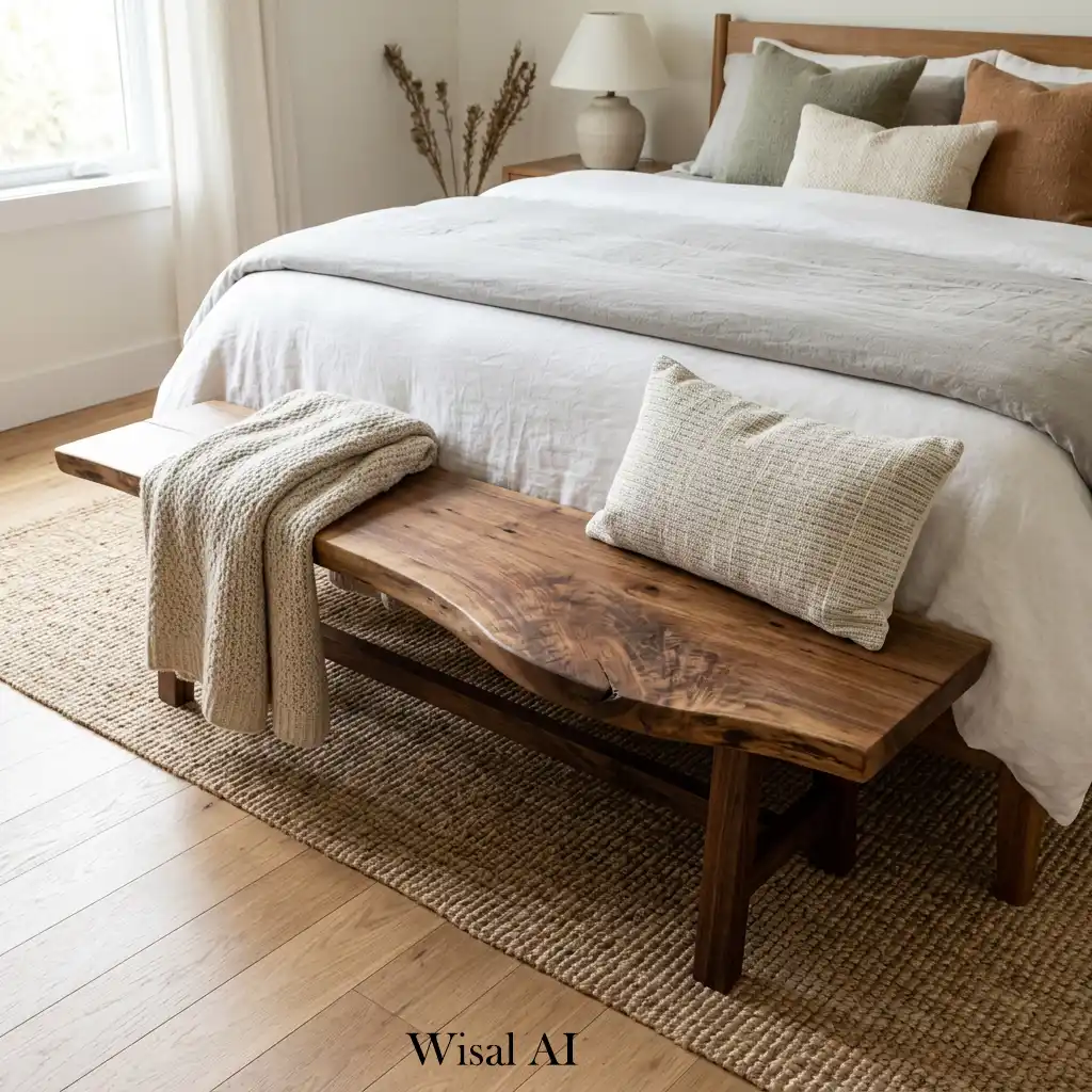 Sculptural wooden bench at foot of bed