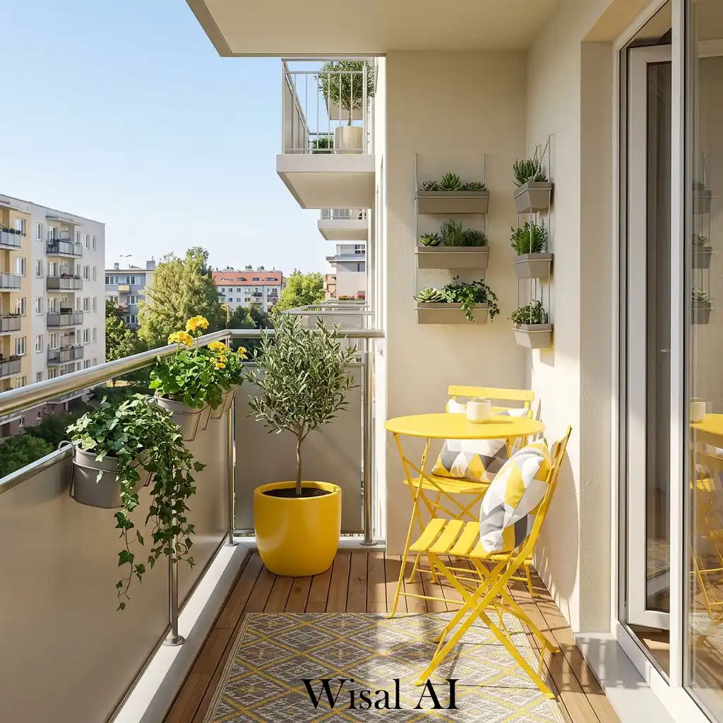 Small space yellow balcony with smart furniture and space-saving design