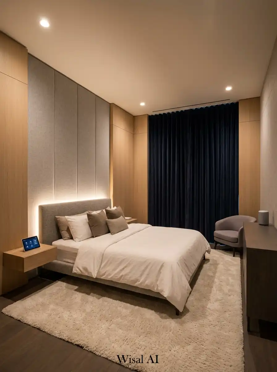 Quiet bedroom designed with soundproof walls and soft textures.