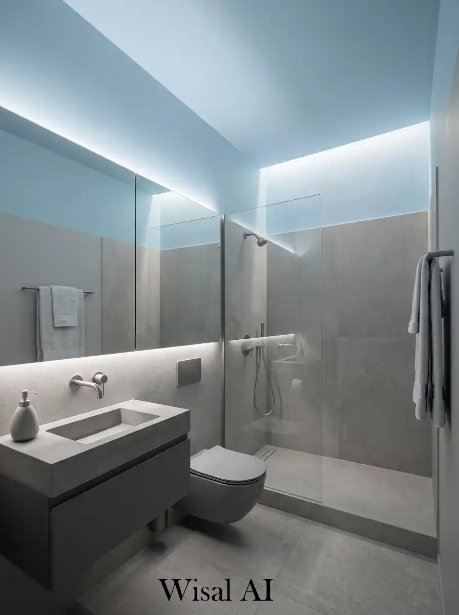 Bathroom ceiling painted soft blue with grey base design