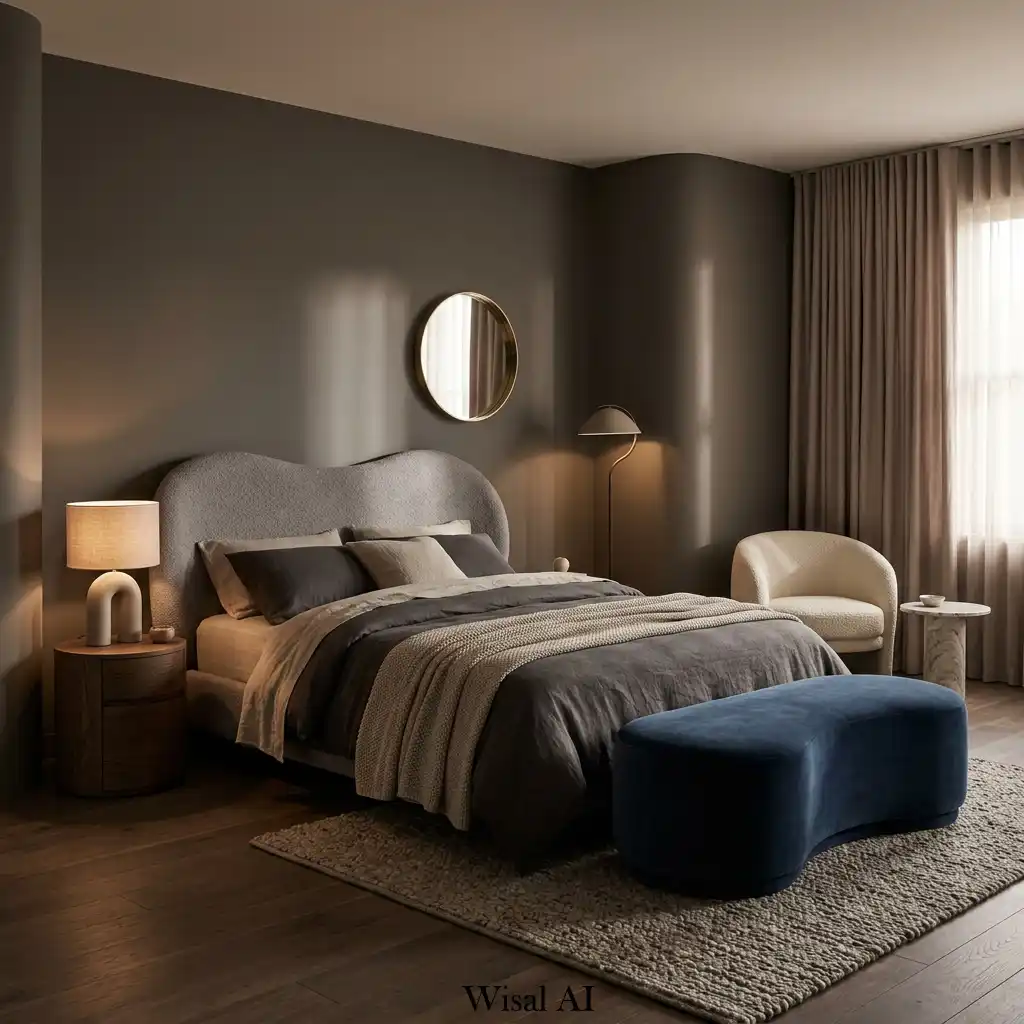 14. Soft Shadow Bedroom Featuring Curved Furniture