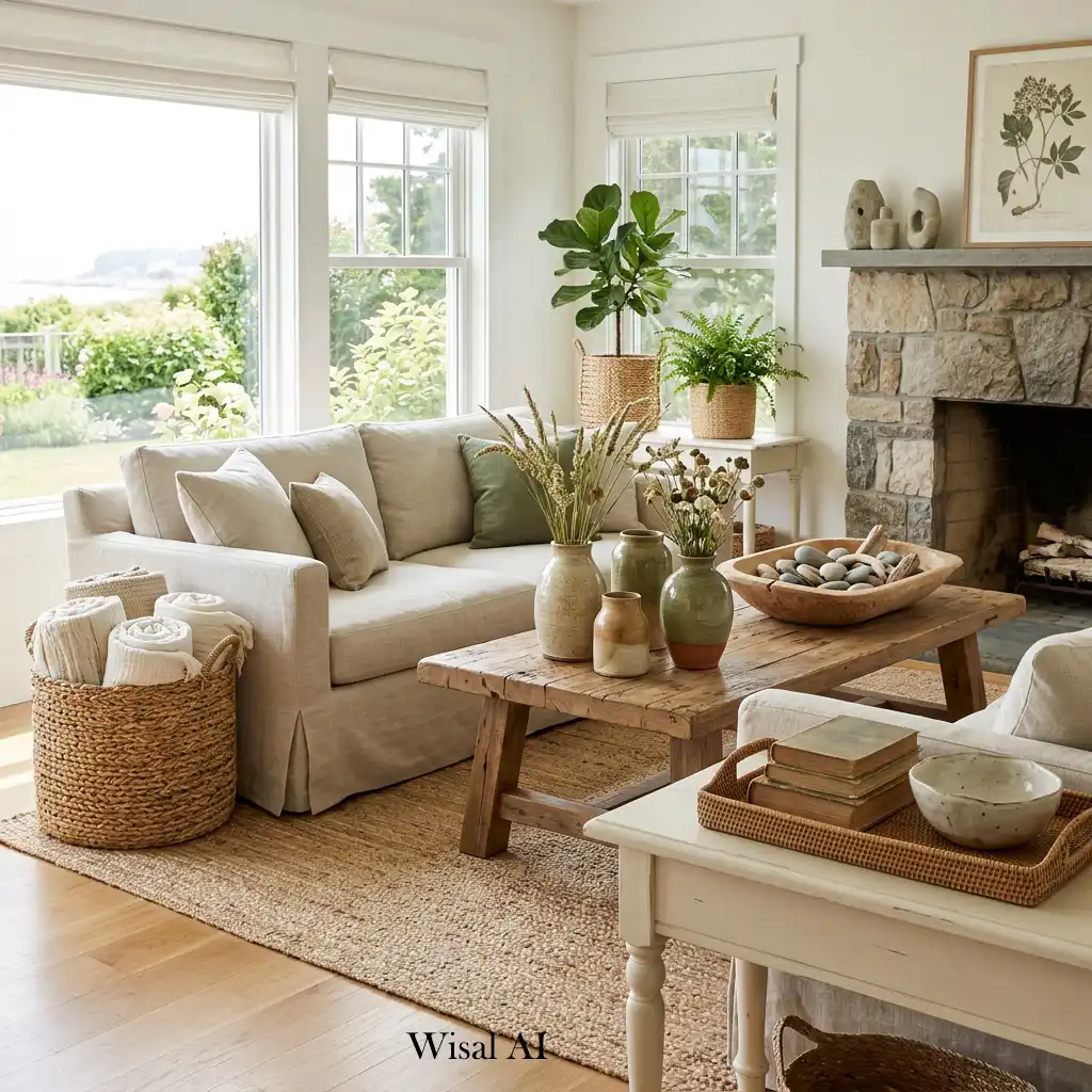 Summer living room decorated with organic handmade accessories.