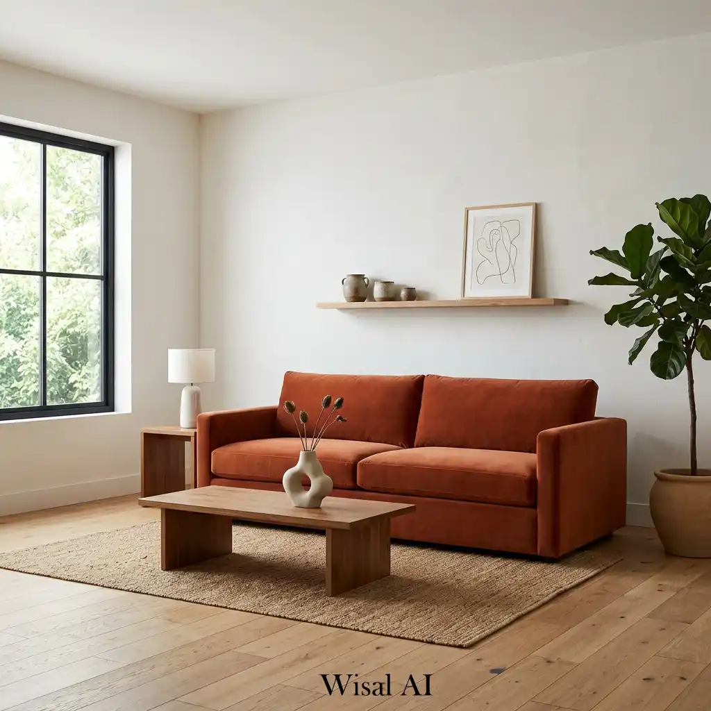 Living room featuring terracotta sofa as bold centerpiece