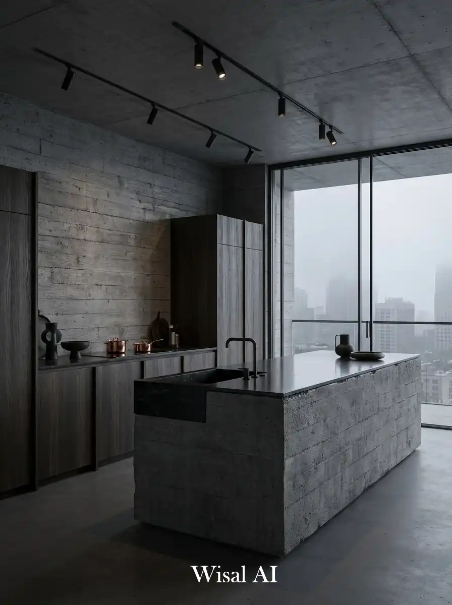 14. Brutalist Concrete & Smoked Oak Loft Kitchen
