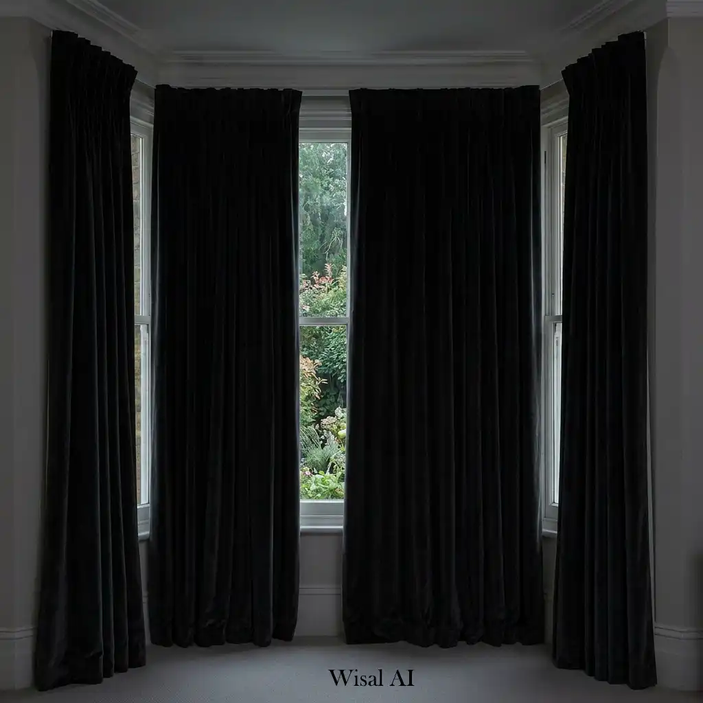 Large living room windows framed with elegant curtains highlighting beautiful outdoor views.