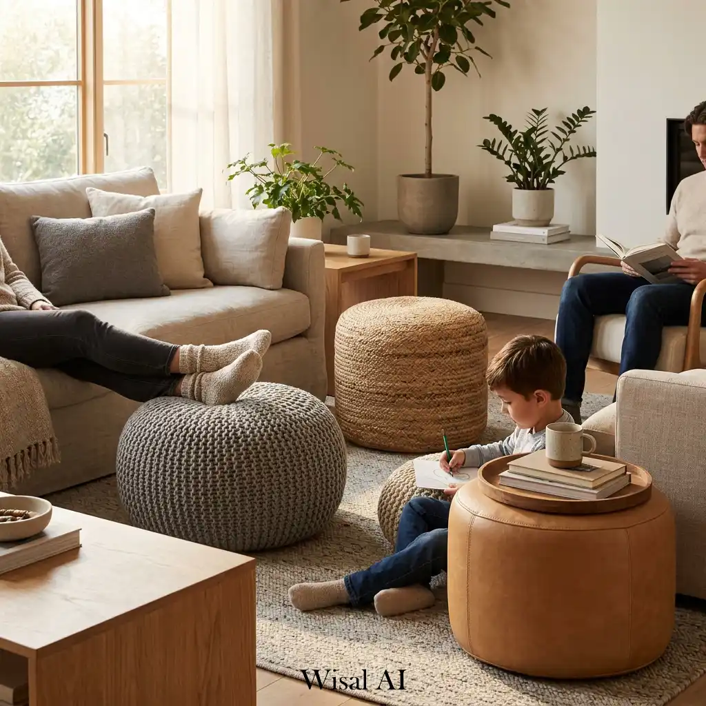 Textured poufs provide flexible seating footrests and casual tables anywhere