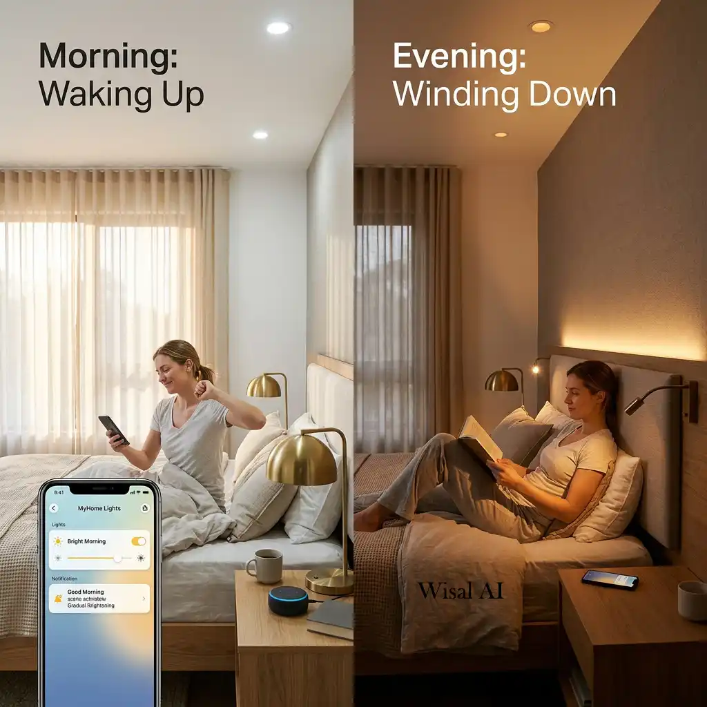 Smart bedroom with app-controlled lighting allowing adjustable brightness and personalized lighting scenes.