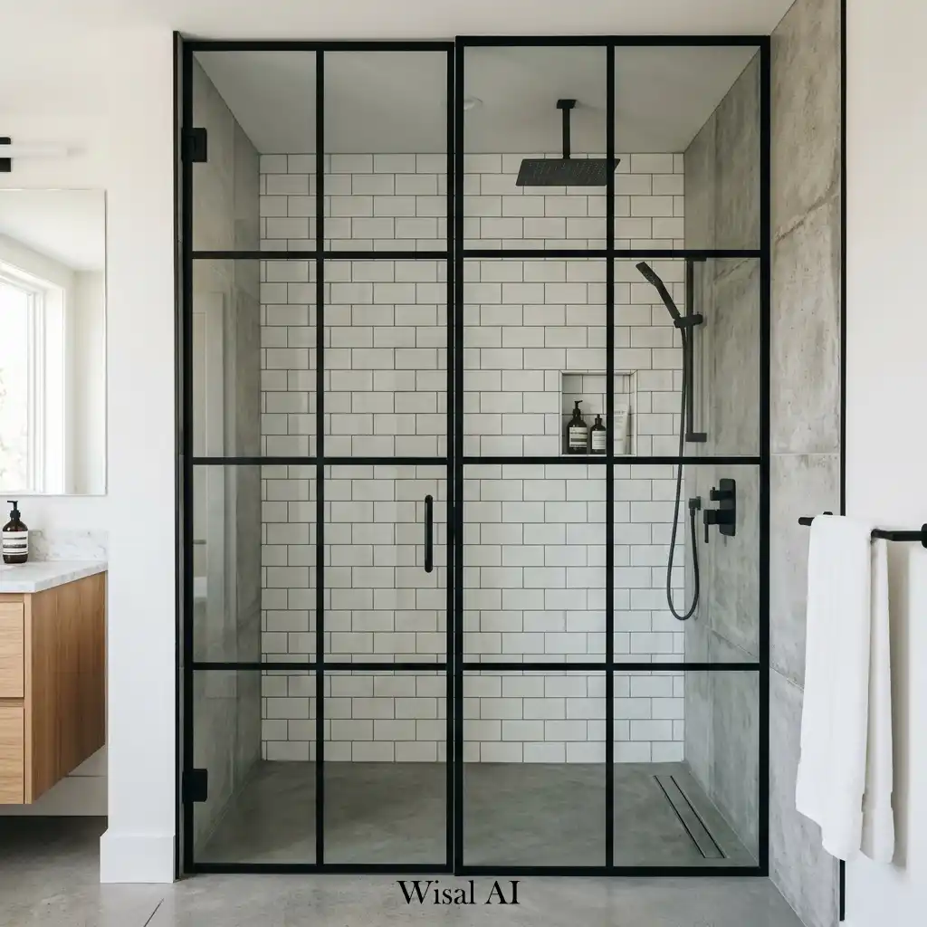 Contemporary walk-in shower with black framed glass panels and concrete-look porcelain tiles.
