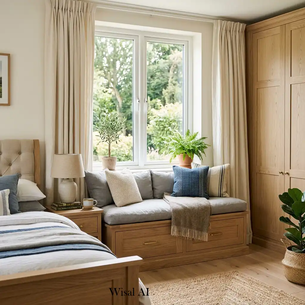 White oak bedroom featuring a custom window seat with hidden storage.