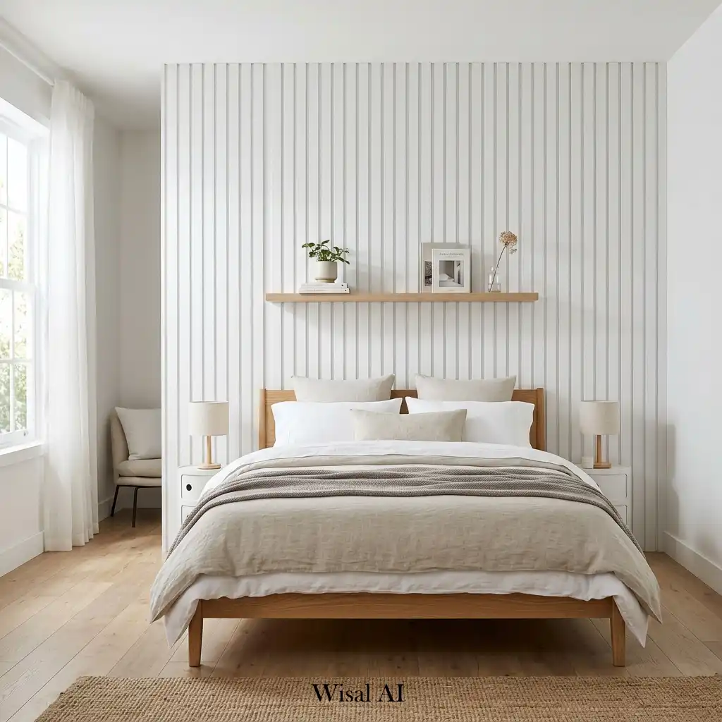 Bright bedroom featuring a white painted wood slat accent wall.