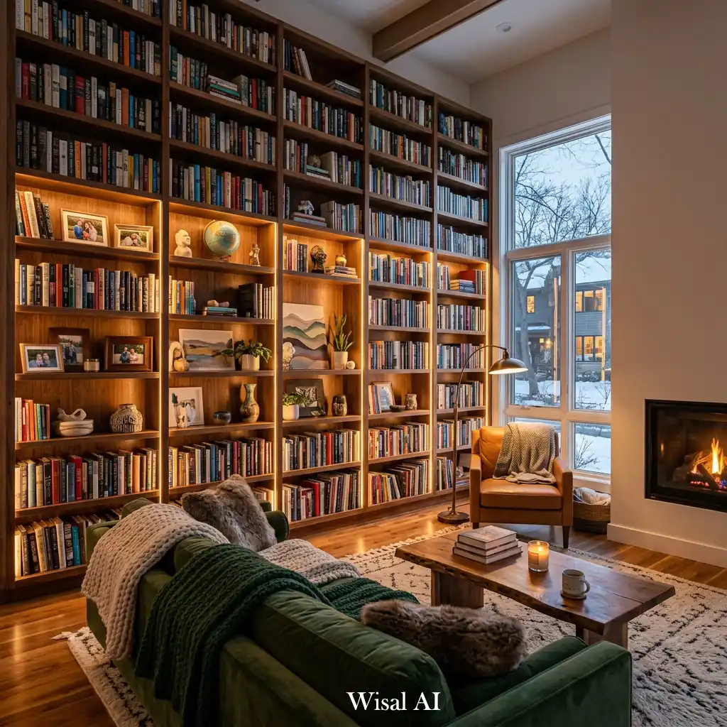 Cozy living room with floor-to-ceiling bookshelves and ambient lighting.