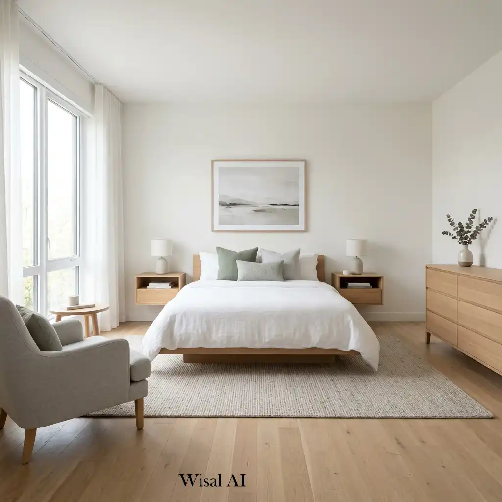 Calm clutter-free bedroom featuring balanced furniture and natural materials.