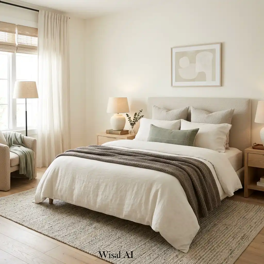 Calm neutral bedroom with white oak furniture, warm lighting, and soft earth-tone décor.