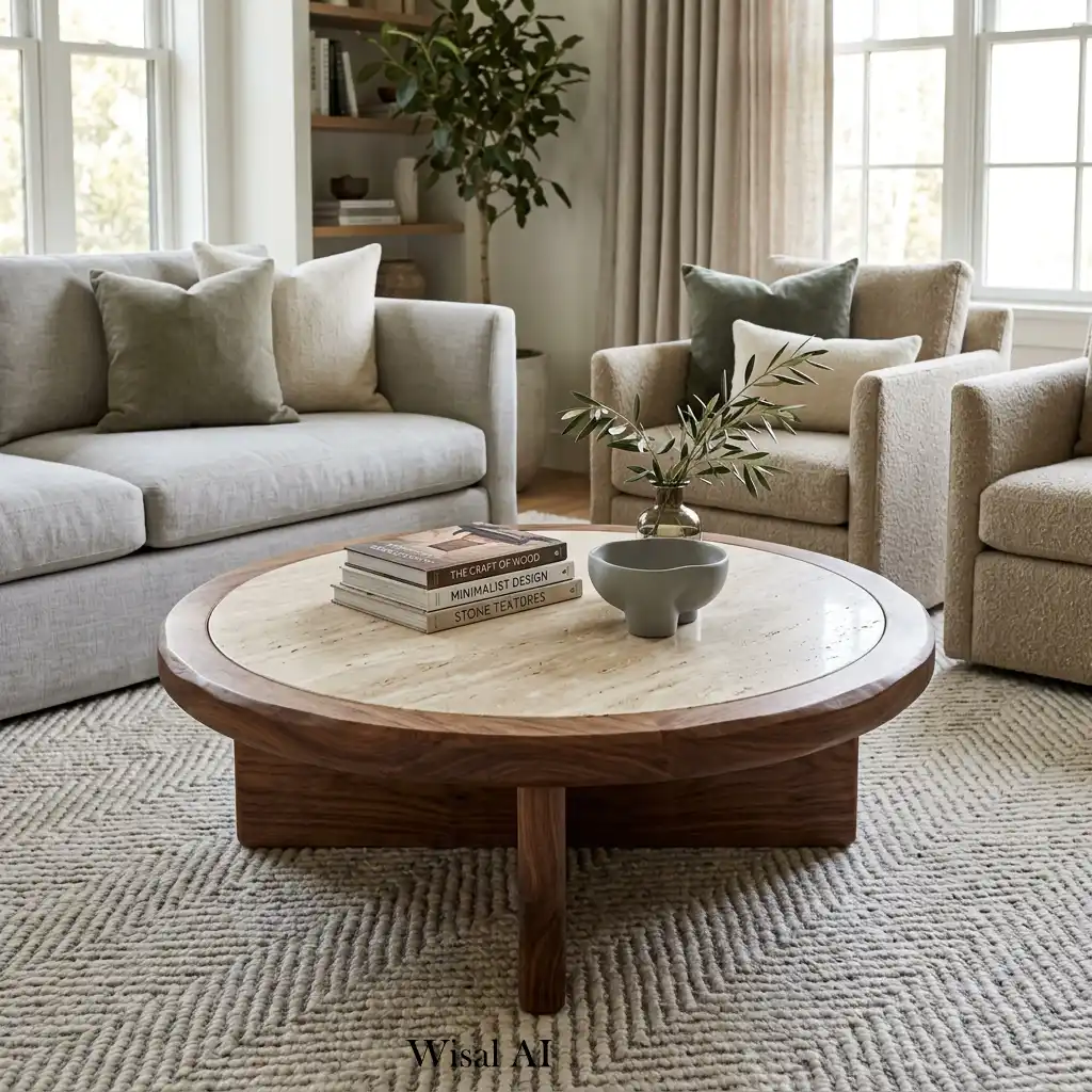 Handcrafted solid wood coffee table styled in a timeless luxury living room.