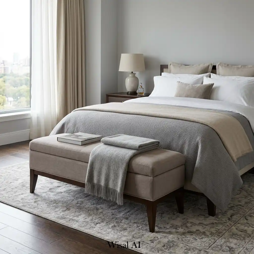 Upholstered bench placed at the foot of a luxury bed.