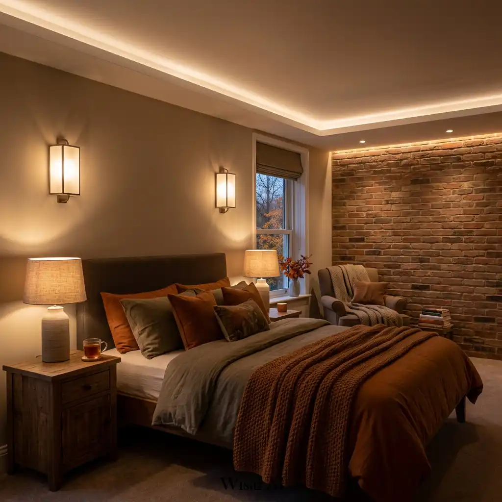 Soft layered lighting creating a relaxing autumn bedroom atmosphere.