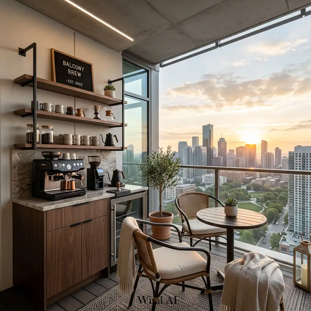 Luxury balcony with a compact outdoor coffee bar and city views
