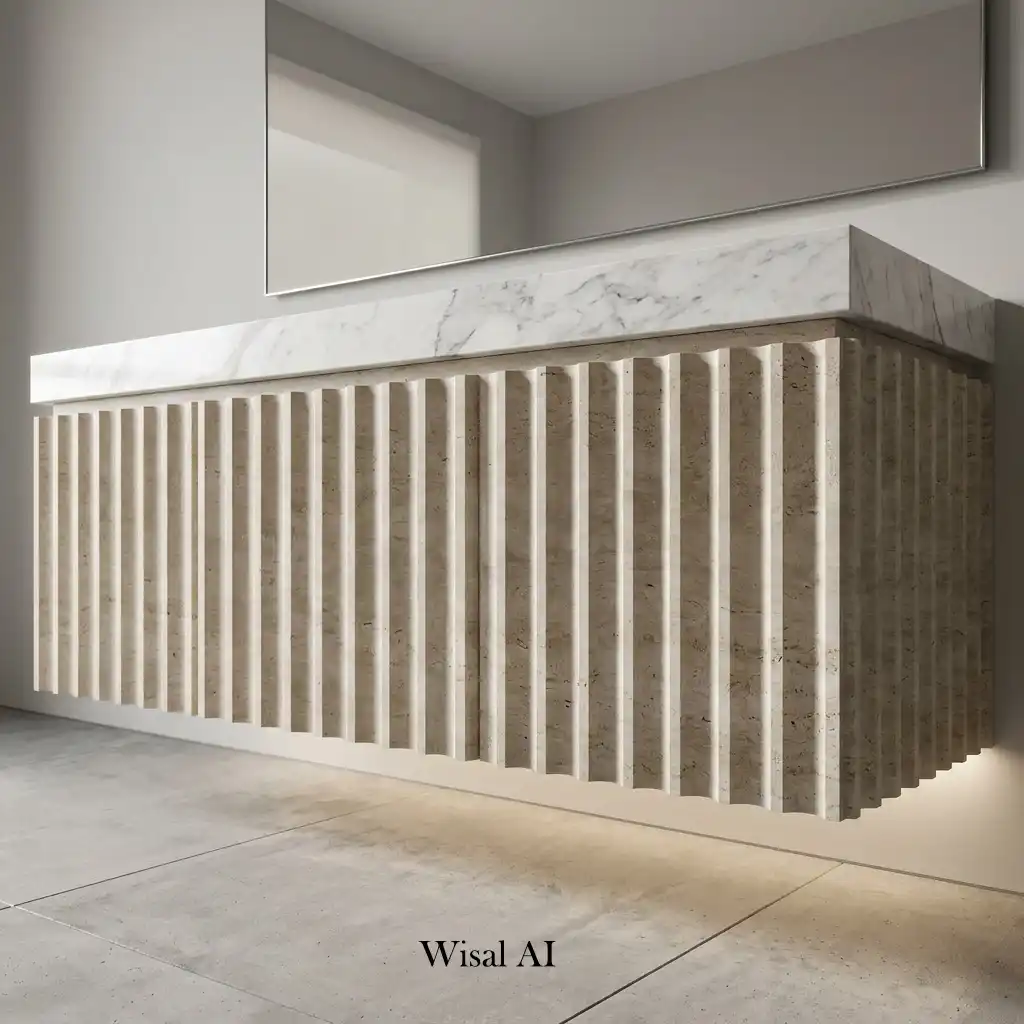 Floating bathroom vanity featuring a fluted stone base and hidden LED lighting.