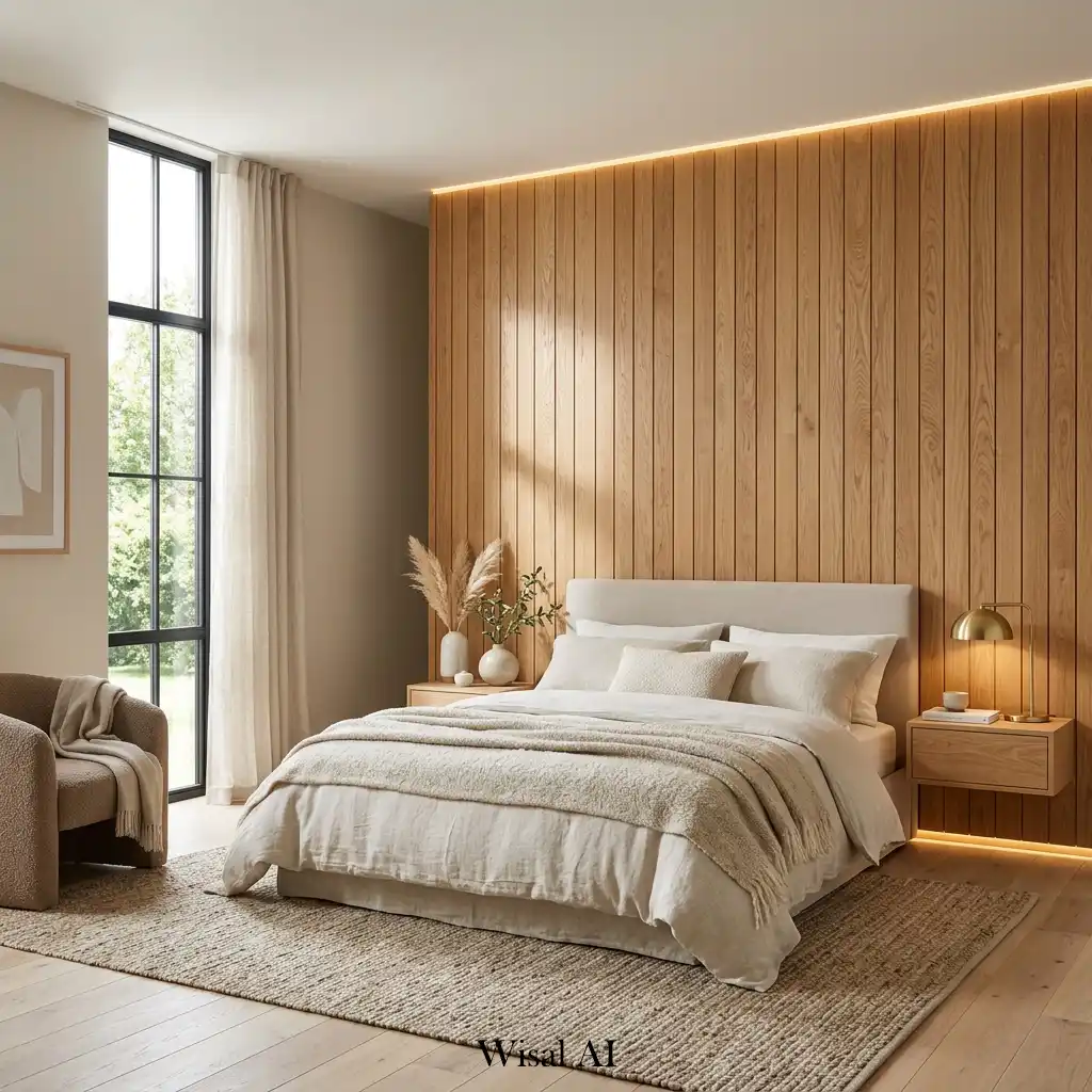 Cozy bedroom showcasing warm oak wall paneling and natural textures.