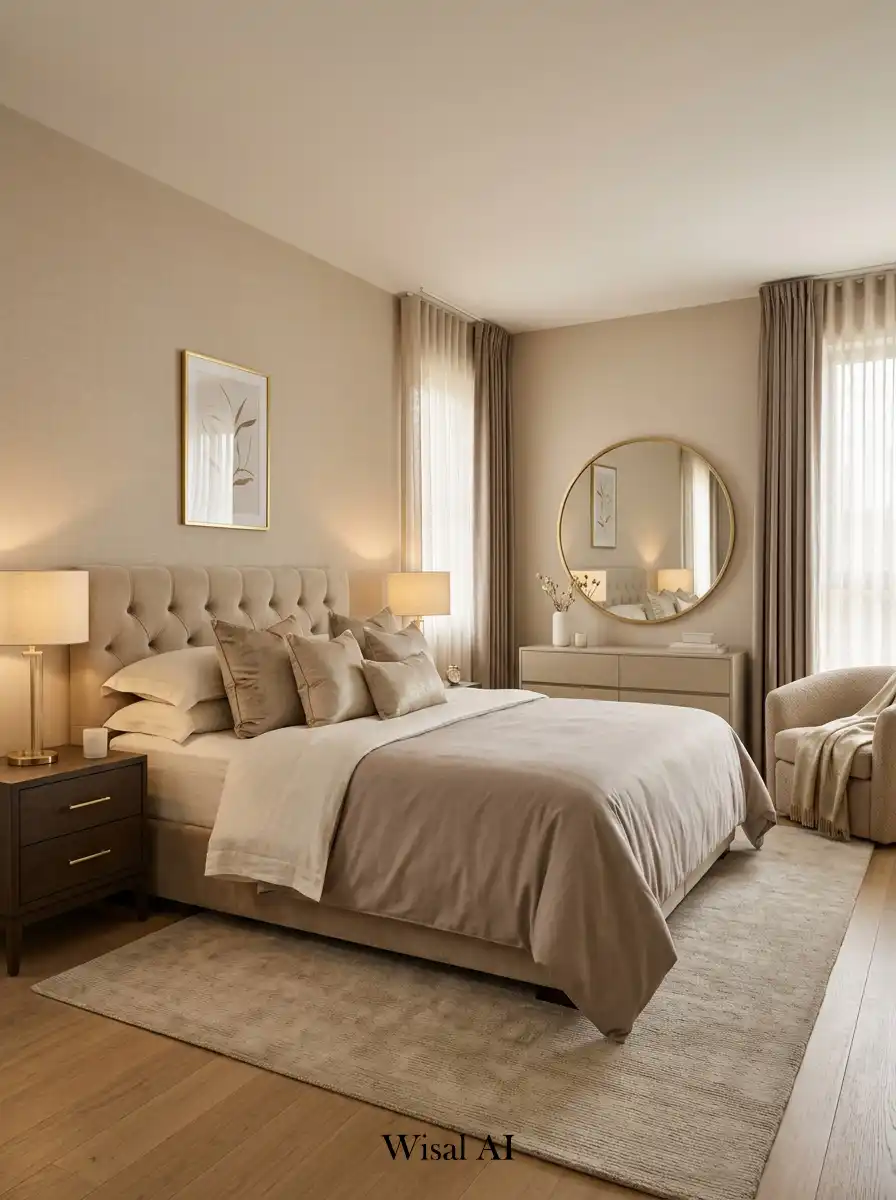 High end bedroom combining beige tones with soft gold accents creating a luxurious elegant hotel style interior atmosphere.