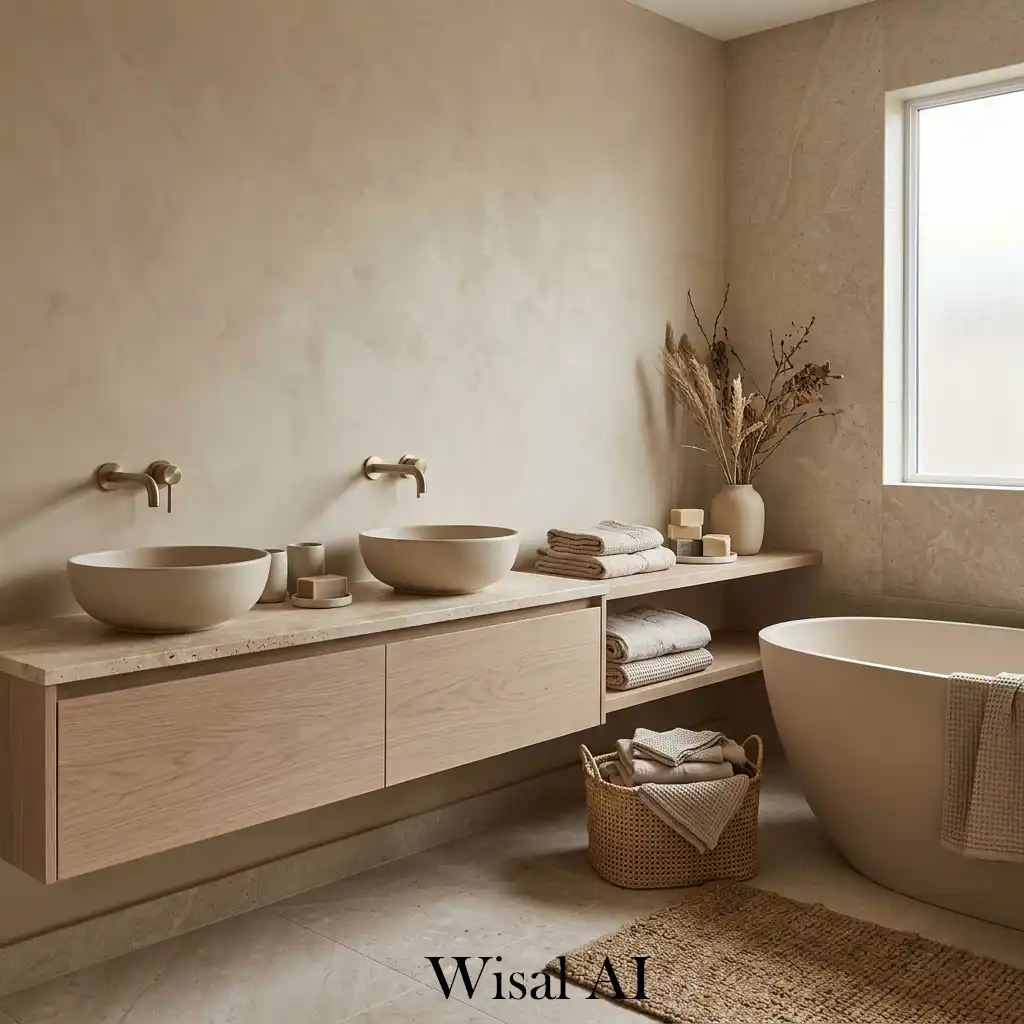 Layered neutral textures in warm beige bathroom design