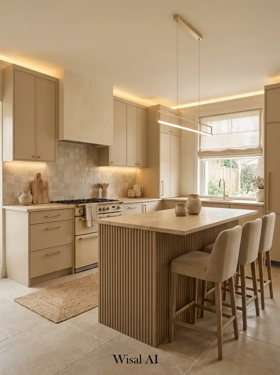 Monochrome beige kitchen with layered neutral tones and soft textured modern design.