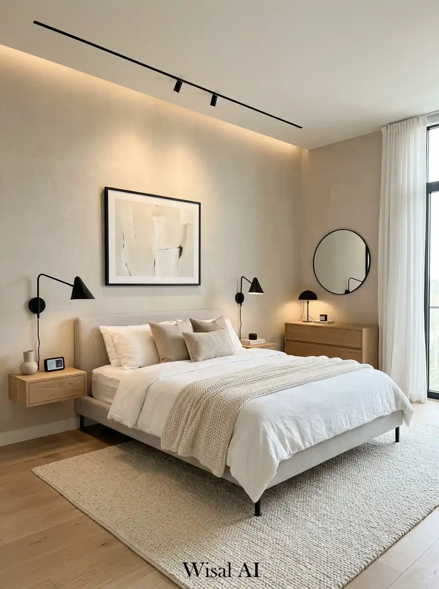 Neutral bedroom with black lighting fixtures and soft warm tones for modern elegant feel.