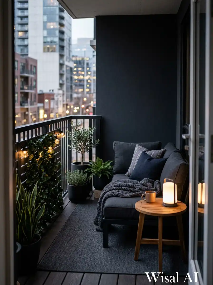 Cozy black balcony designed as a private retreat with soft seating and calming minimal atmosphere.