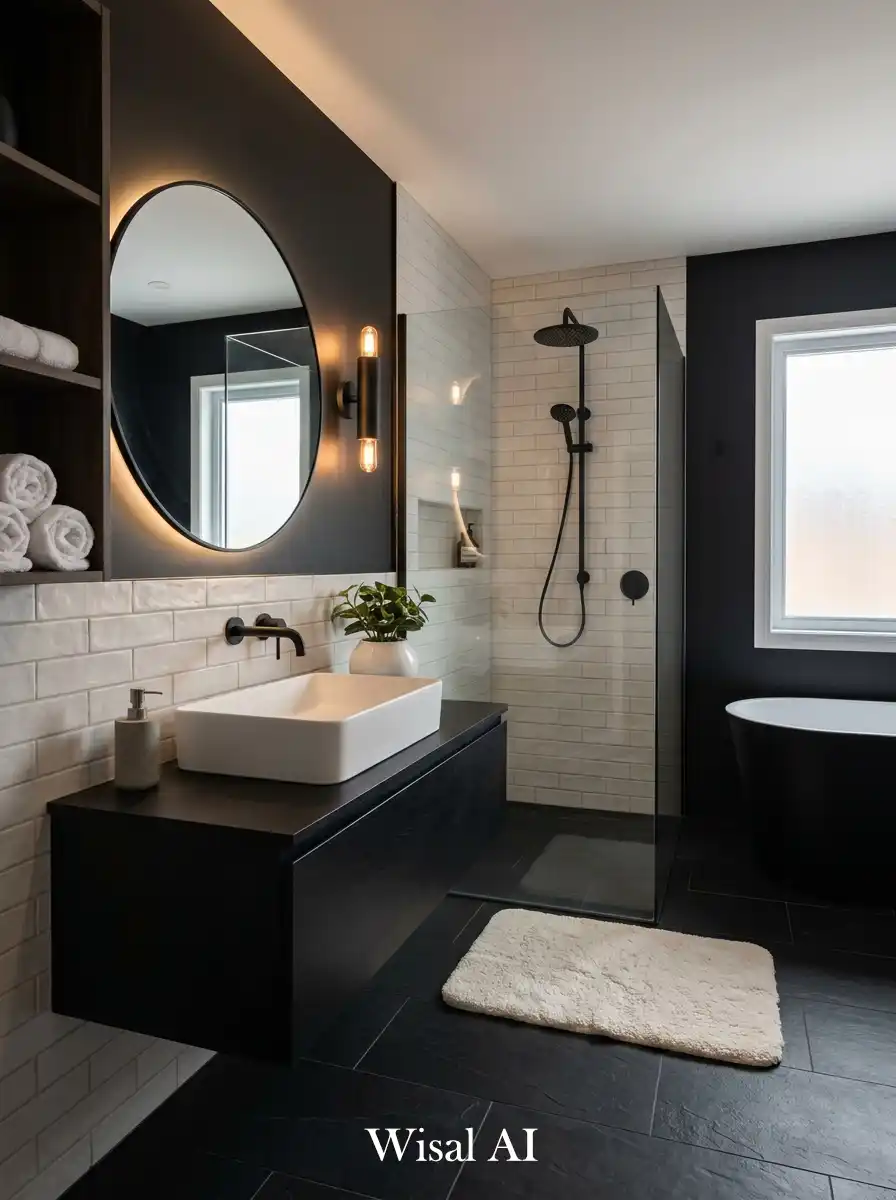 Elegant bathroom with soft white and black contrast creating balanced modern design.
