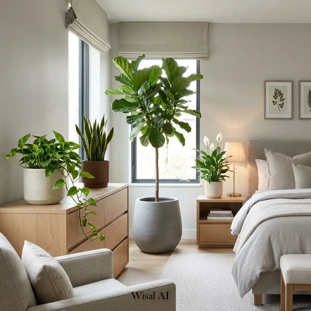 Luxury bedroom featuring indoor plants, natural textures, and fresh relaxing atmosphere daily.