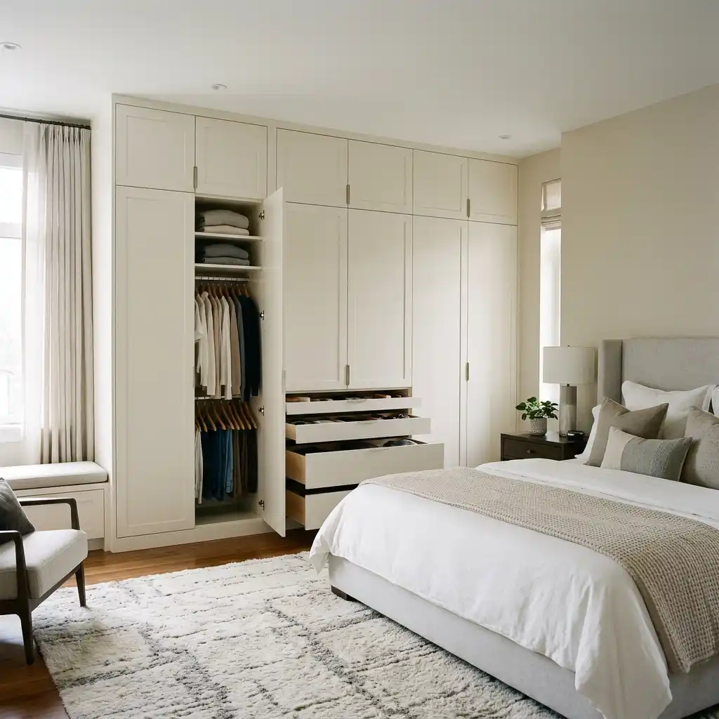 Master bedroom with custom built-in storage and minimalist design