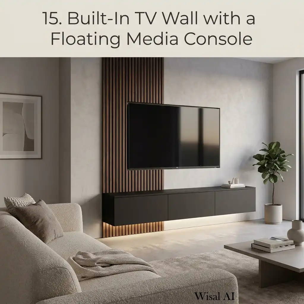Floating media console beneath a contemporary built-in TV wall.