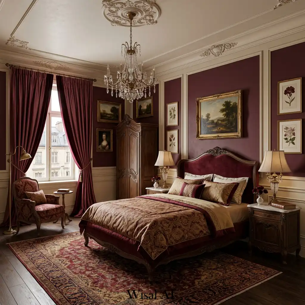 Vintage European burgundy bedroom with antique-inspired furniture
