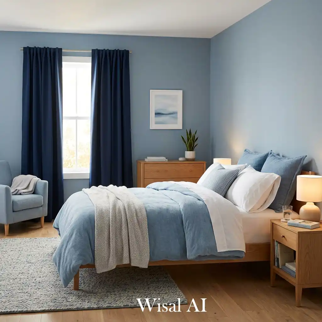 Blue bedroom with layered mood lighting and cozy vibe