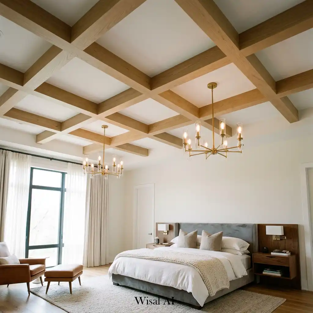 Contemporary bedroom with decorative wood beams arranged in a geometric grid.