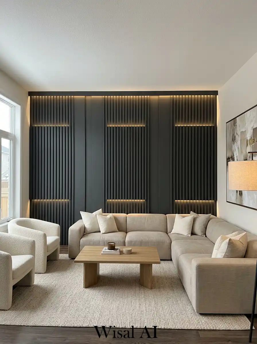 Modern living room with beige modular seating charcoal background accents and open space luxury design.