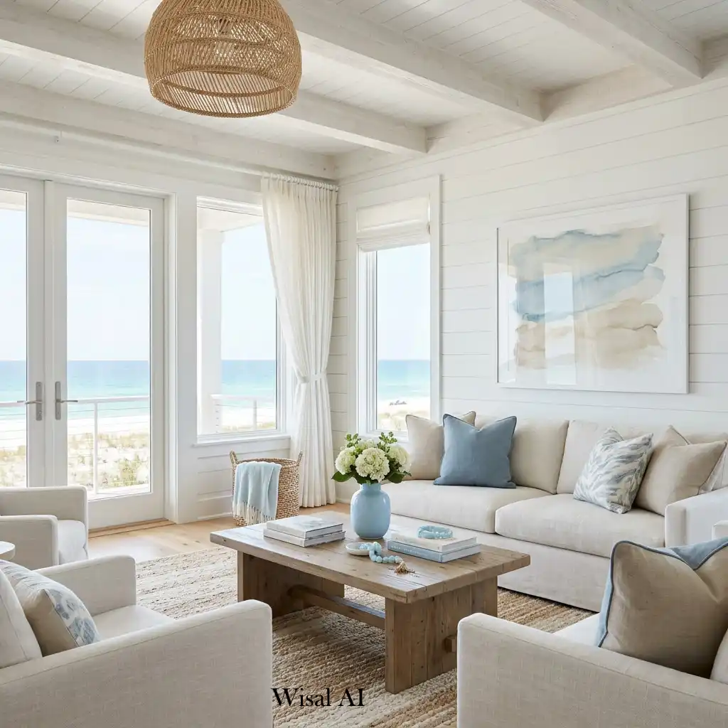 Elegant beach house interior with soft blue coastal accents.