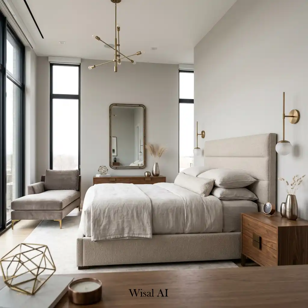 Modern bedroom featuring warm brass and bronze details throughout the design