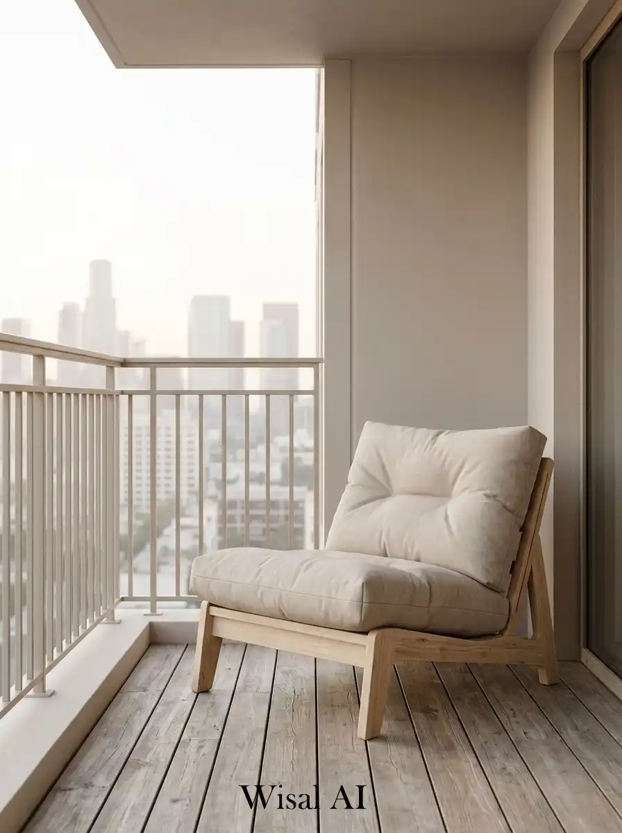 Peaceful balcony wellness retreat with warm lighting, soft seating, and calming neutral decor.