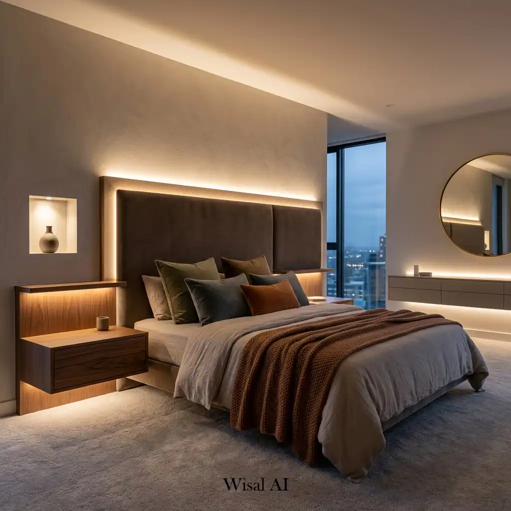 Cozy bedroom illuminated by soft architectural LED lighting.