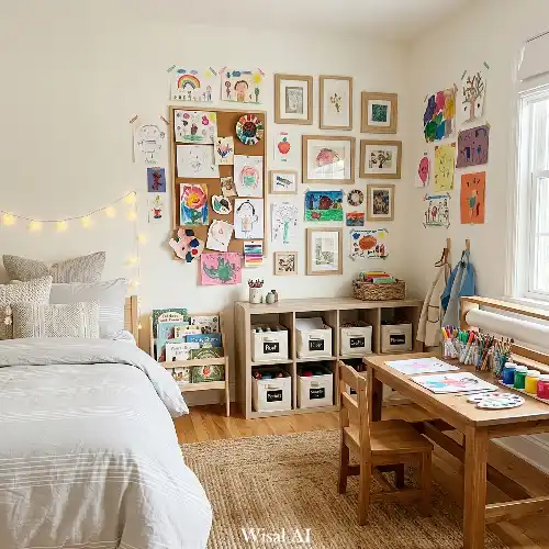 Creative artist kids bedroom with drawing space, art wall, and colorful expression zone